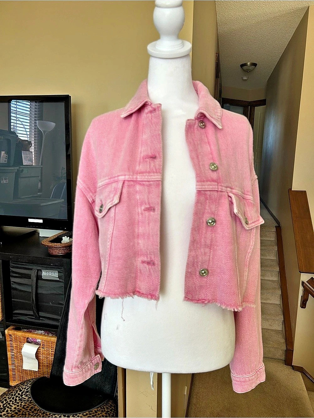 Pimkie Pink Cropped Frayed Denim Jacket